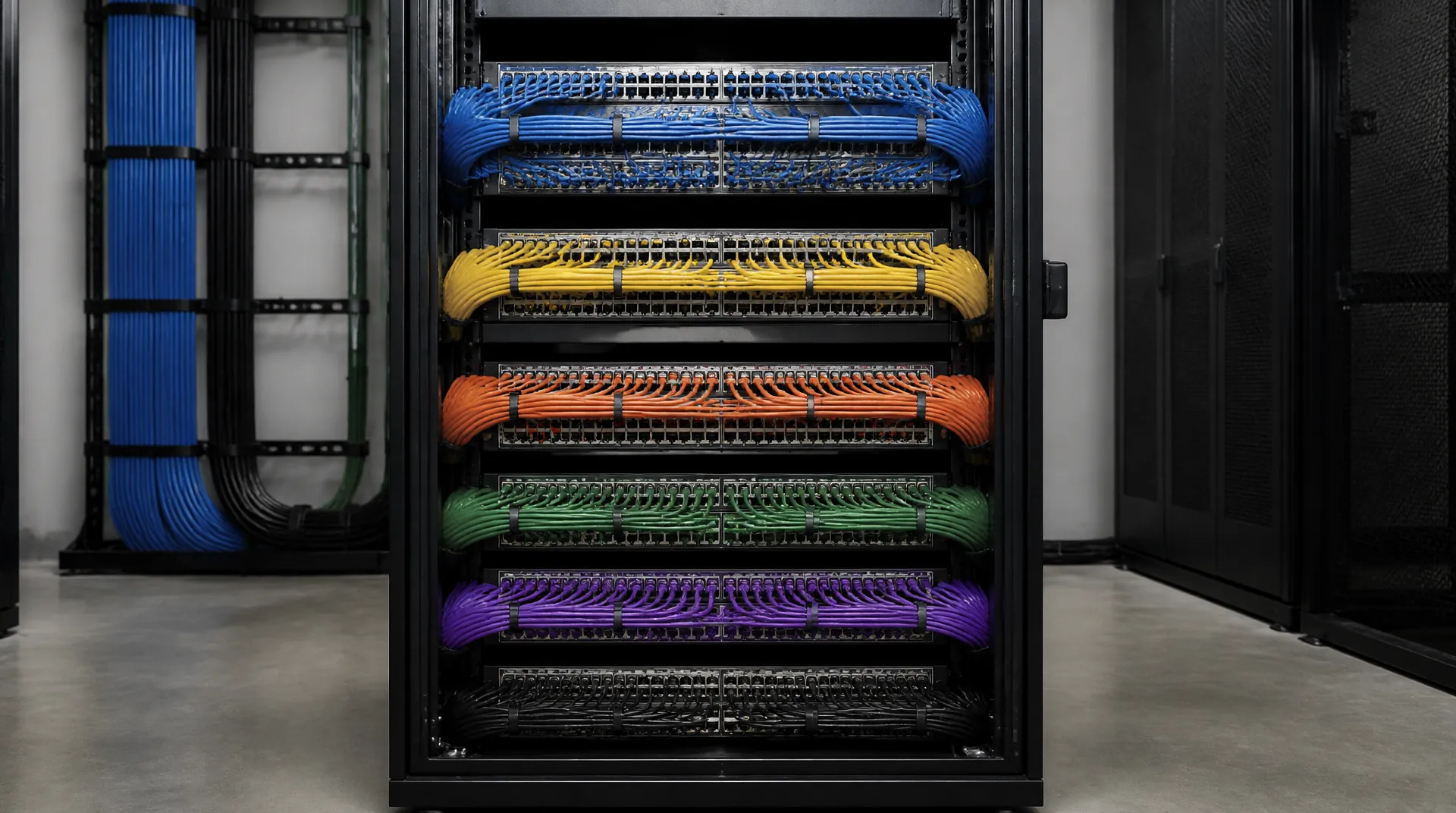 Open network rack with colour-coded Ethernet cabling dressed in neat horizontal runs across patch panels in a commercial equipment room.