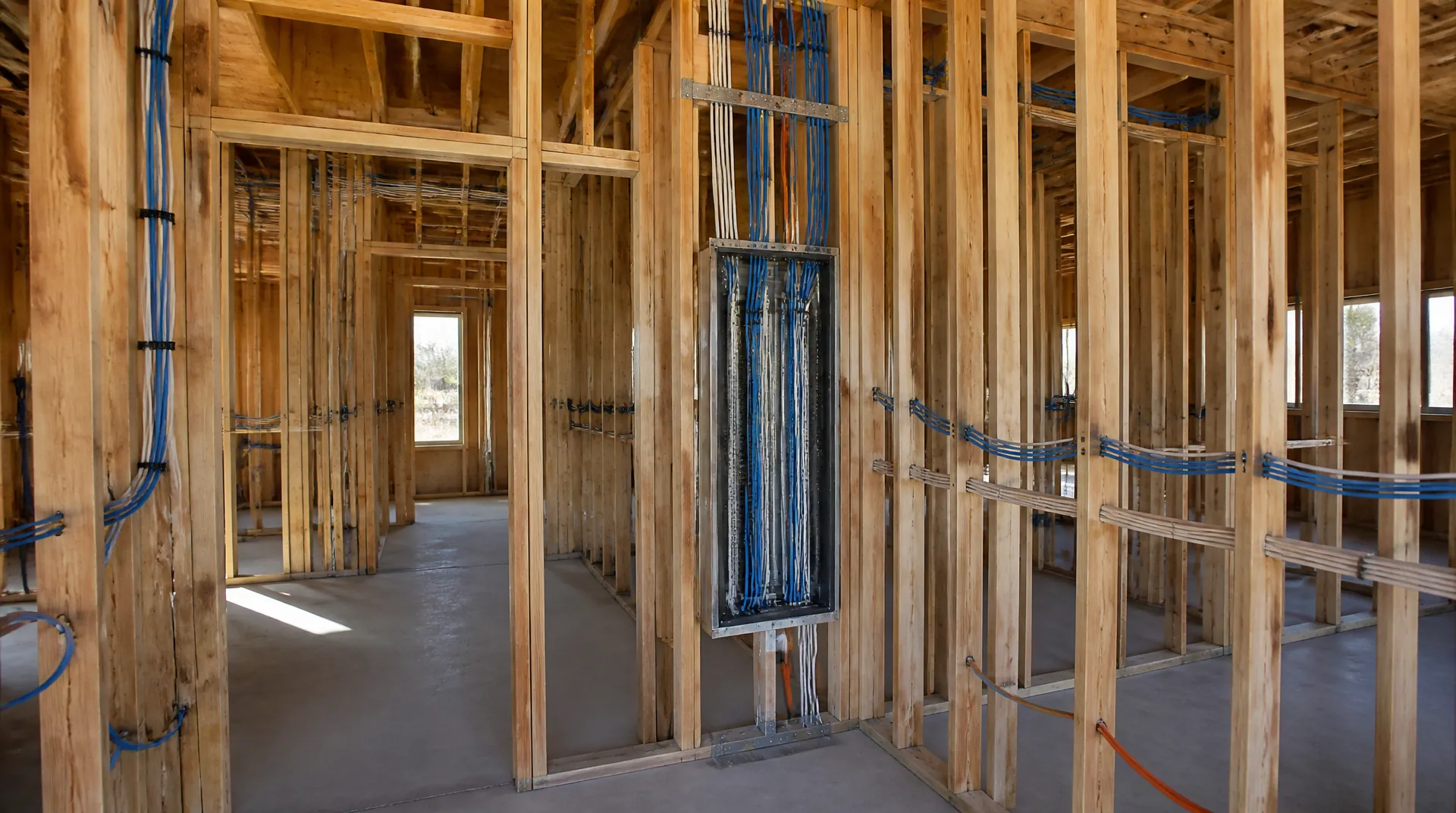 Commercial ceiling during rough-in with bundles of low-voltage cable staged above an open grid.
