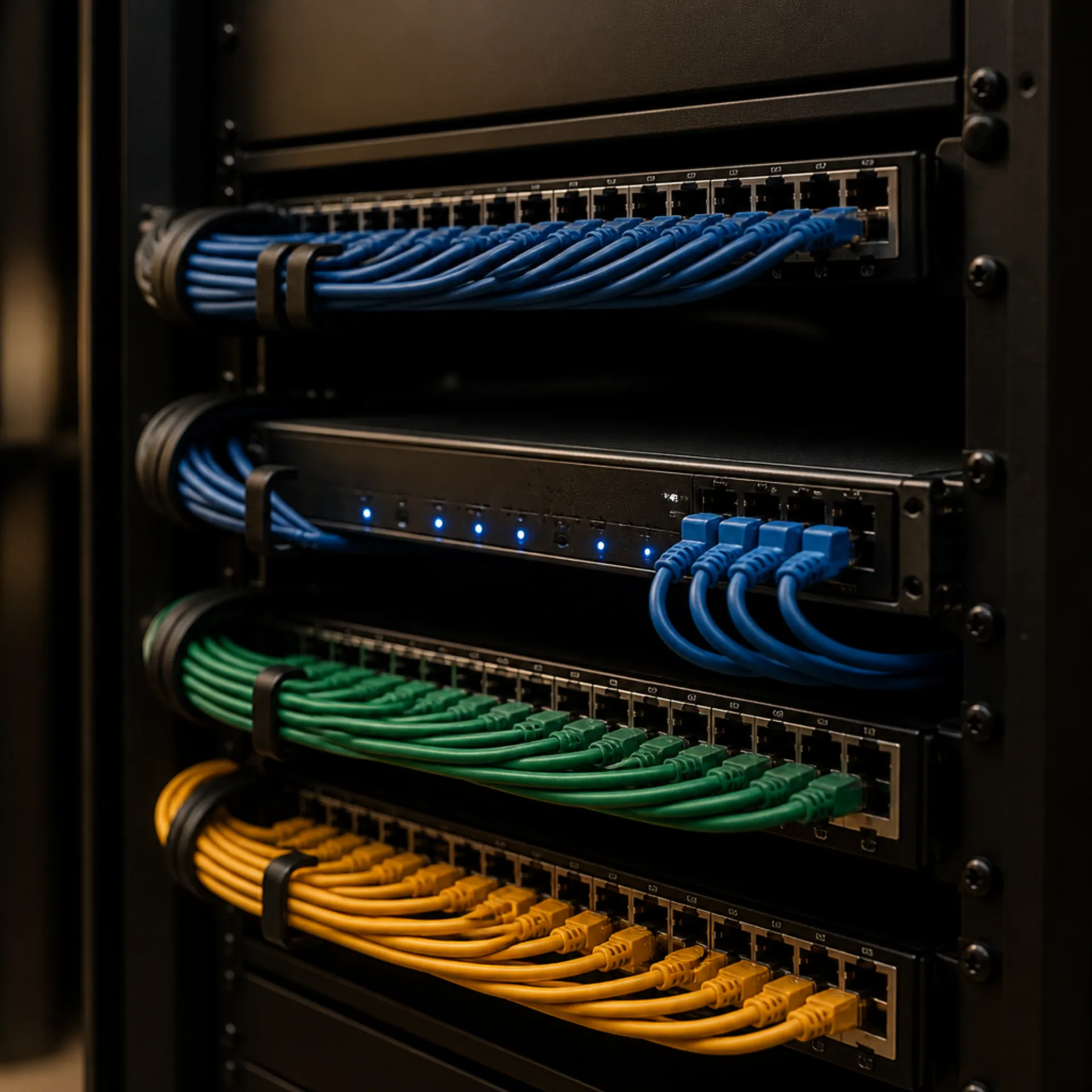 Close view of a finished structured-wiring rack with neatly dressed labeled cable runs.