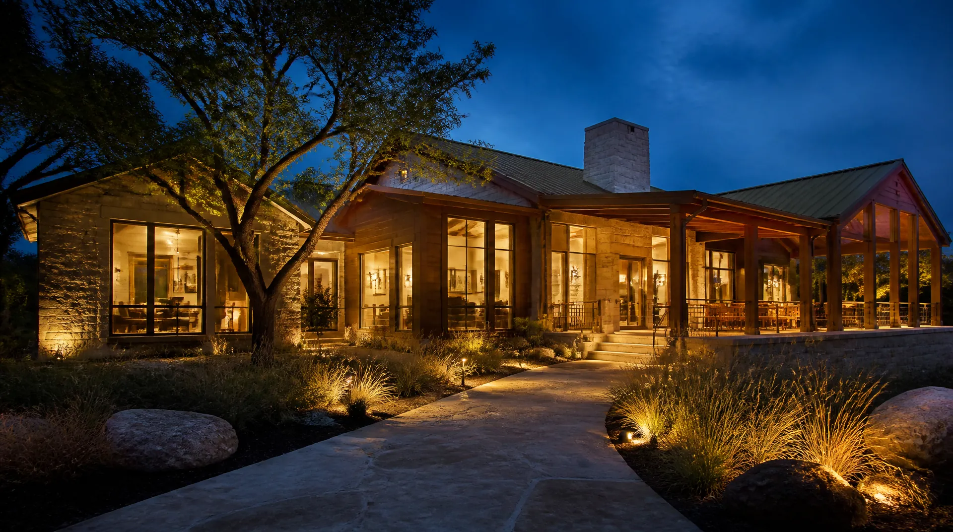 Modern home exterior at dusk with warm interior scenes glowing through tall glass and a lit entry walk.