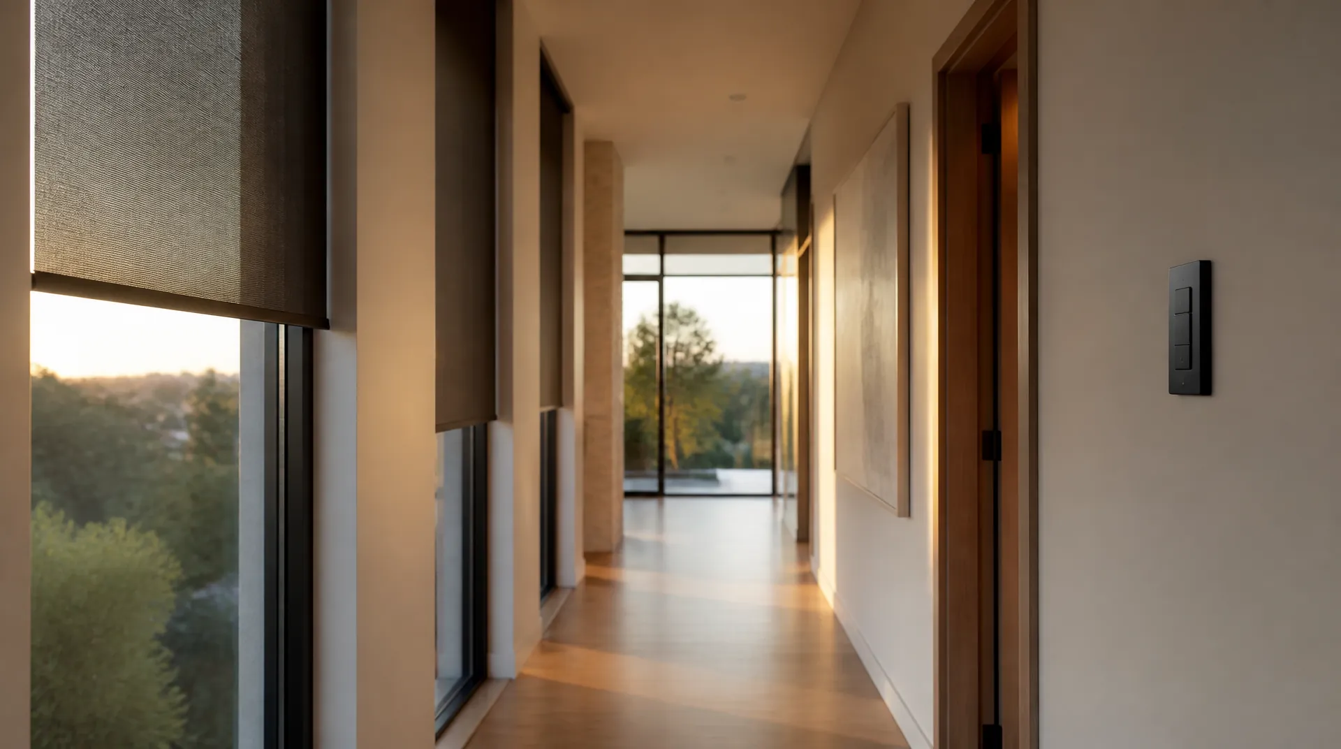 Modern home hallway at golden hour with a slim wall keypad beside a doorway and roller shades partly lowered over tall windows.