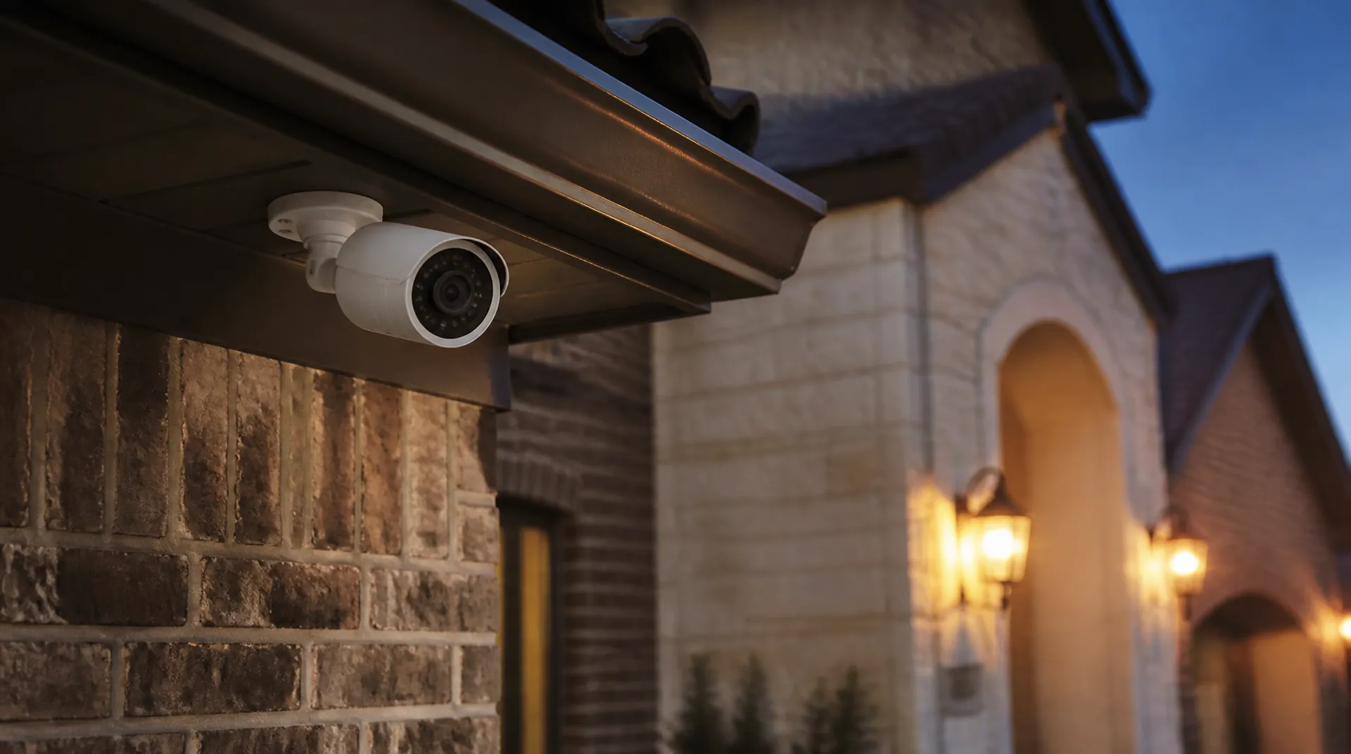 White security camera mounted under a house eave overlooking the front walkway at dusk.