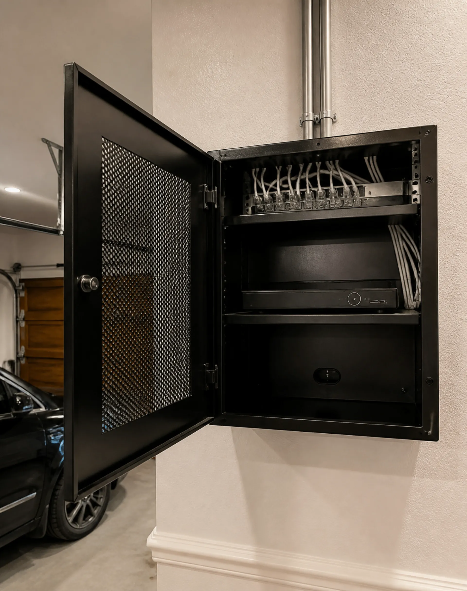 Video recorder and switch mounted in a tidy residential enclosure with labeled cable management.