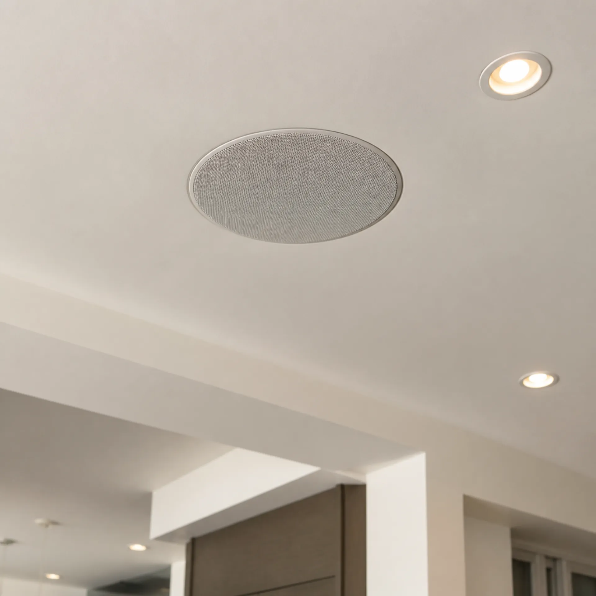 Square close-up of a white in-ceiling speaker grille set flush into painted drywall.