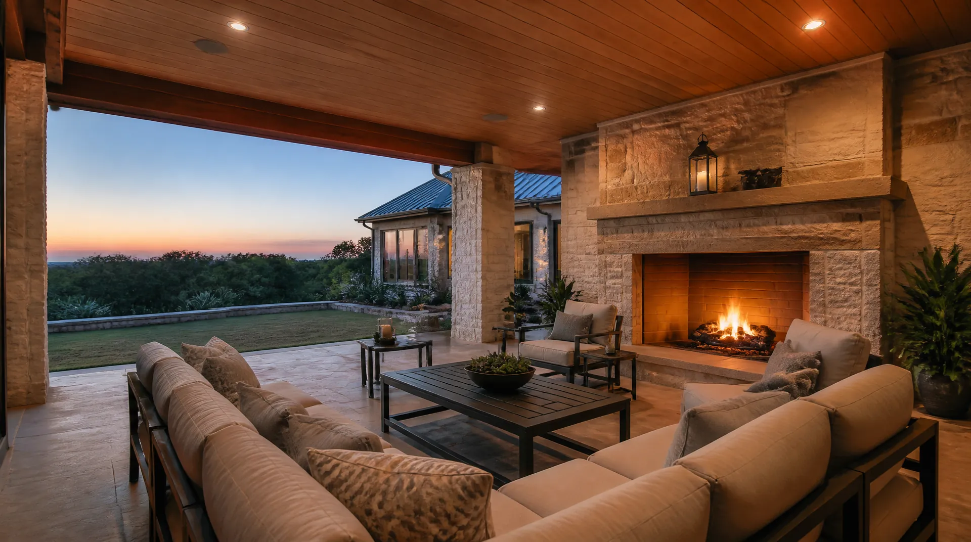 Covered outdoor living area at dusk with flush in-ceiling speakers in a stained wood porch ceiling, a built-in stone grill counter and a lit pool beyond.