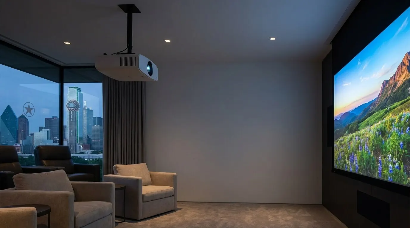 A dedicated home cinema with a ceiling projector lighting a wide screen above tiered leather recliners and a wall of windows at dusk.