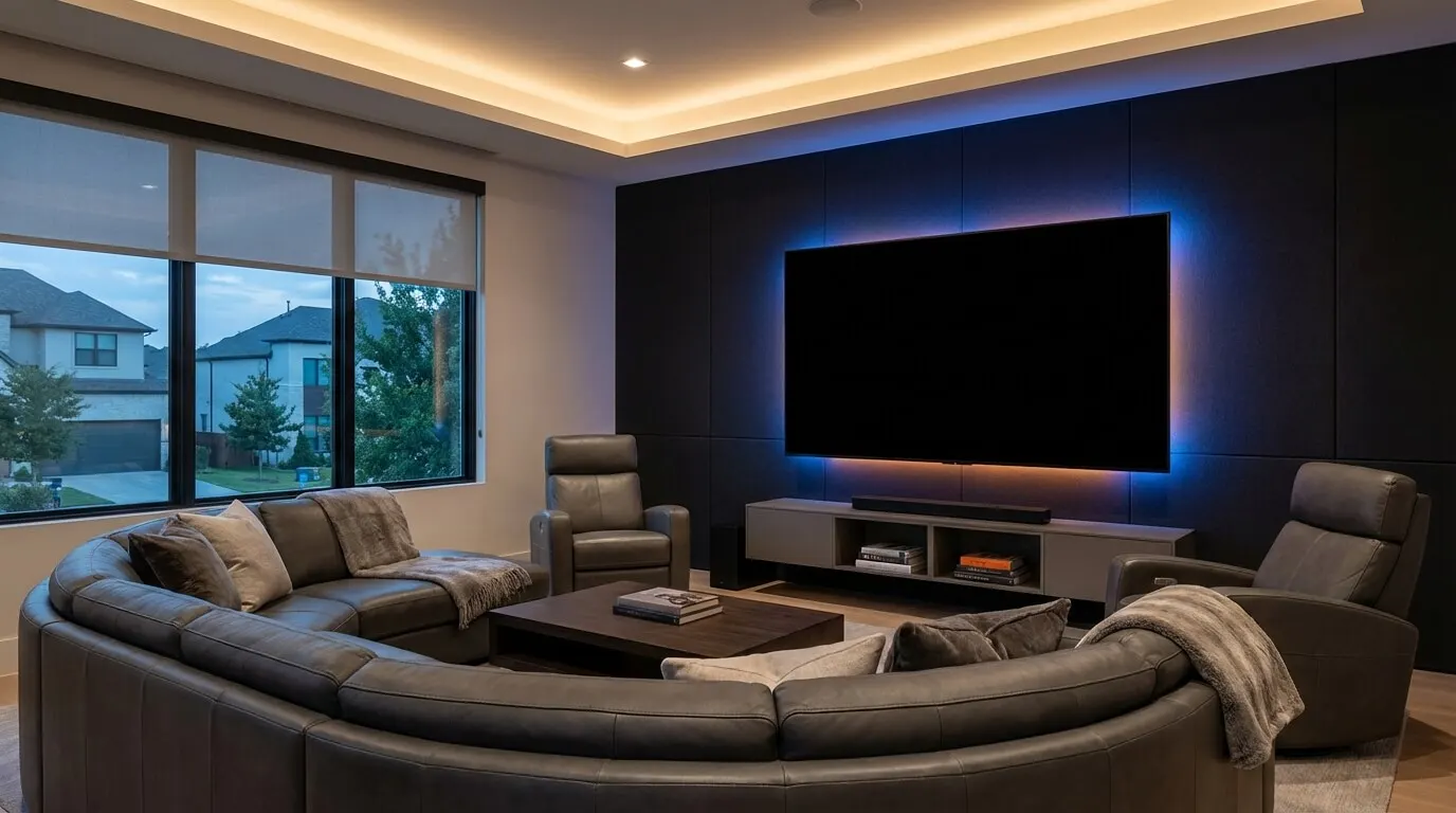 A family room with a curved sectional facing a wall-size flat panel under a warm cove-lit ceiling.