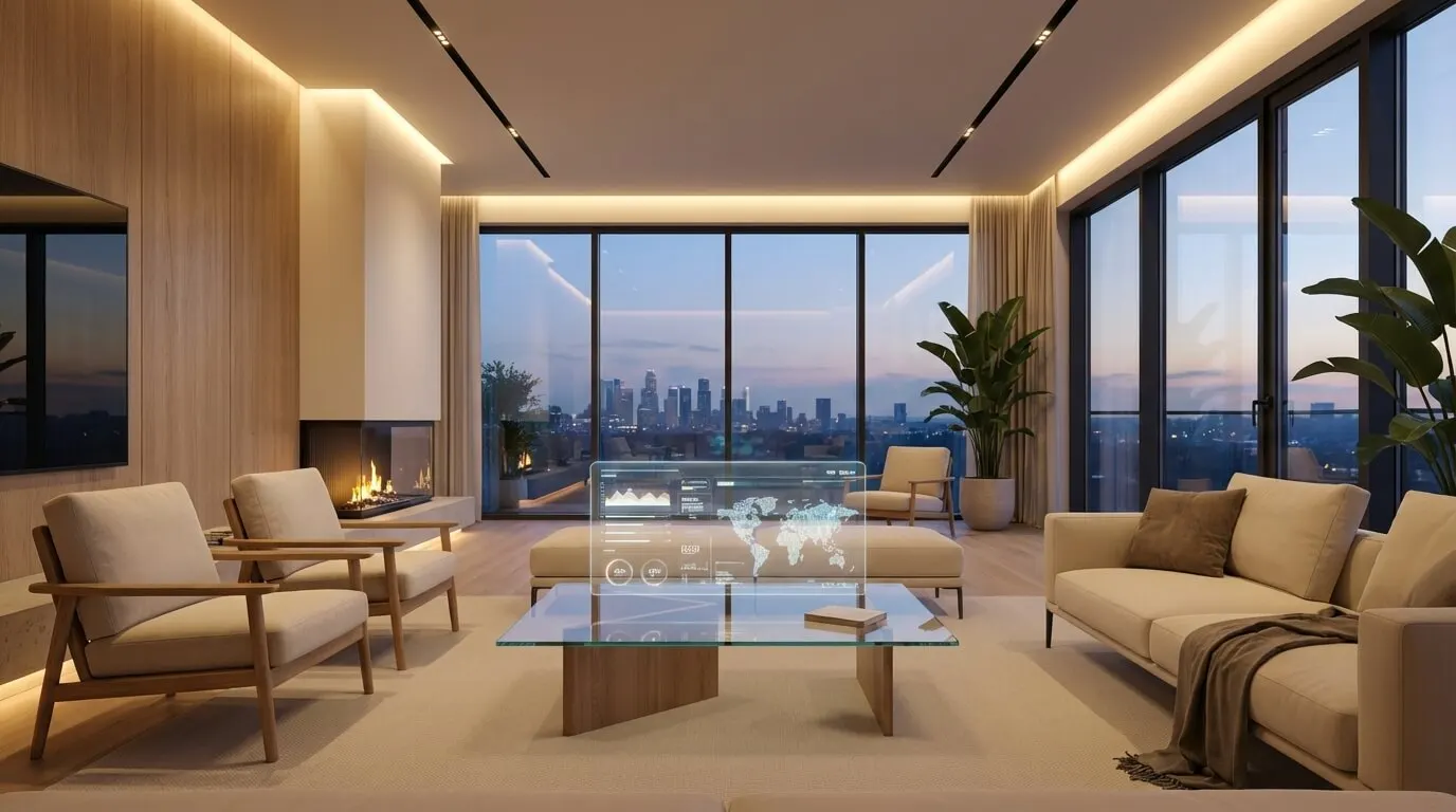 A two-story great room at dusk with stone fireplace walls and layered lamp lighting seen from the upper landing.