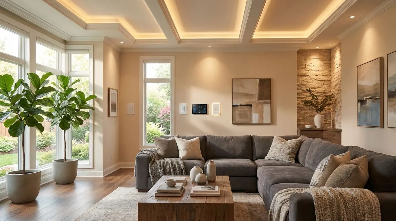 A sunroom living area with a sectional sofa, potted plants, and recessed cove lighting across a coffered ceiling.
