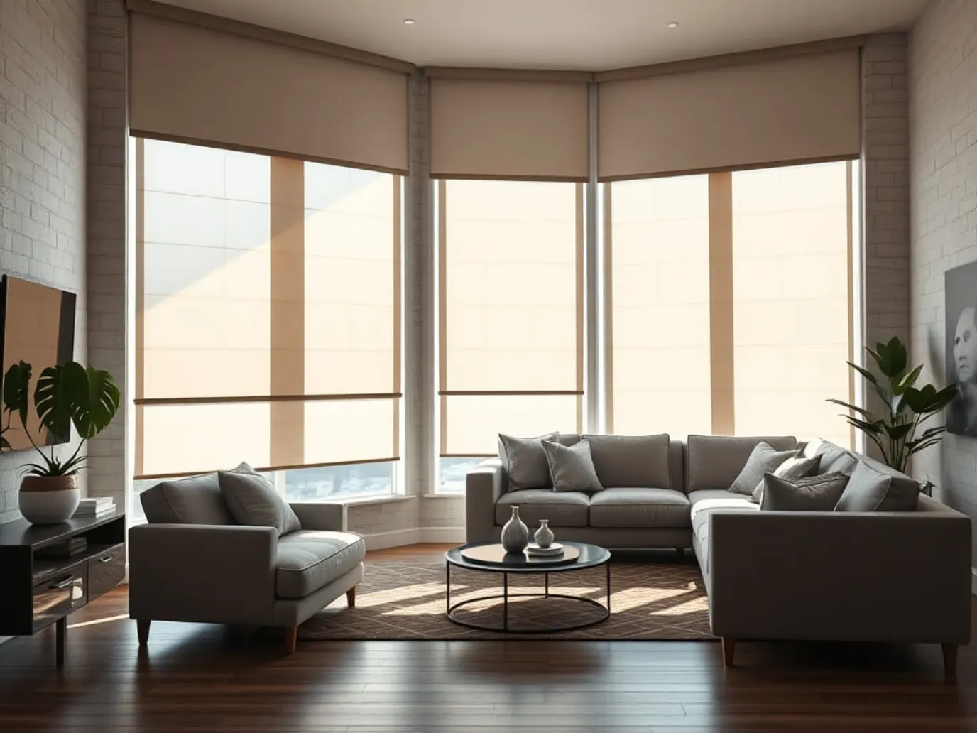 Floor-to-ceiling motorized roller shades half lowered over bay windows in a gray-sofa living room.
