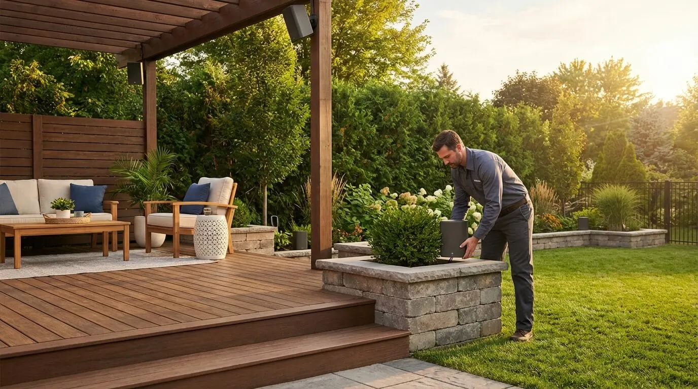 A man adjusting speakers on a covered cedar patio with lounge seating and a lawn beyond.