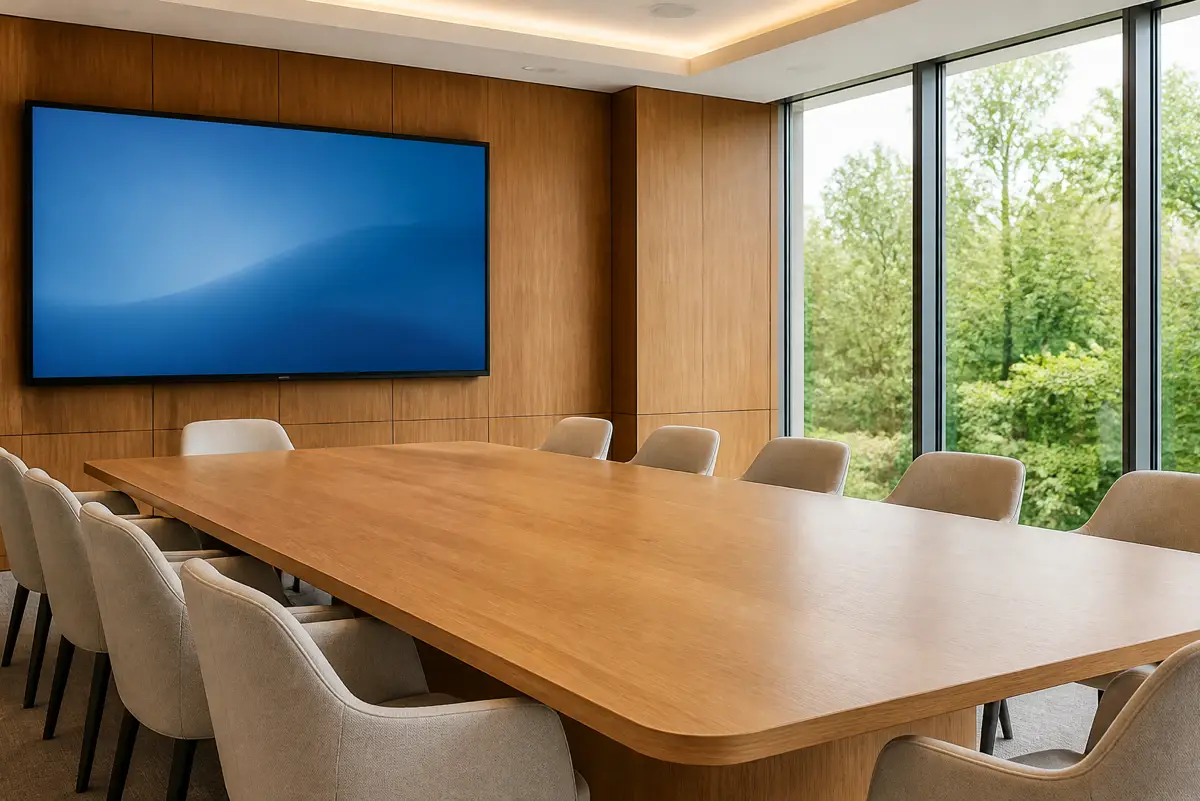 Meeting room with a long table facing a wall display that is switched off, blinds half drawn.